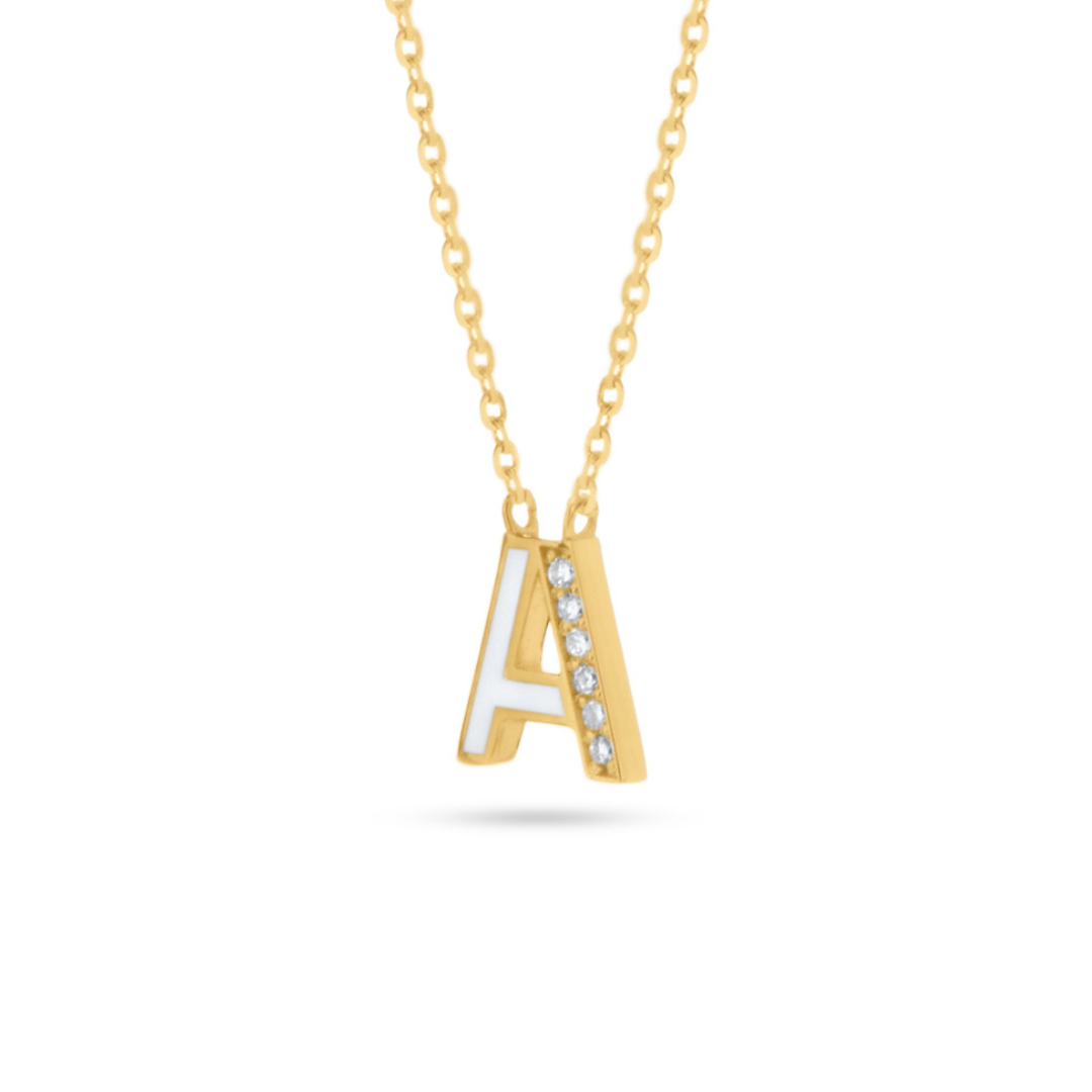 Half Enamel Half Diamond Initial Necklace