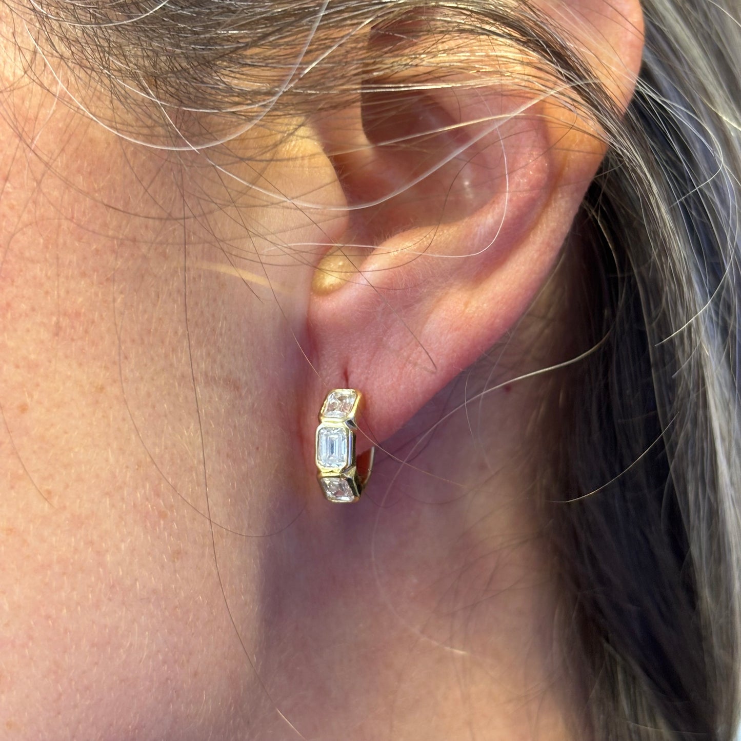 Bezel Set Emerald Cut Diamond Huggies