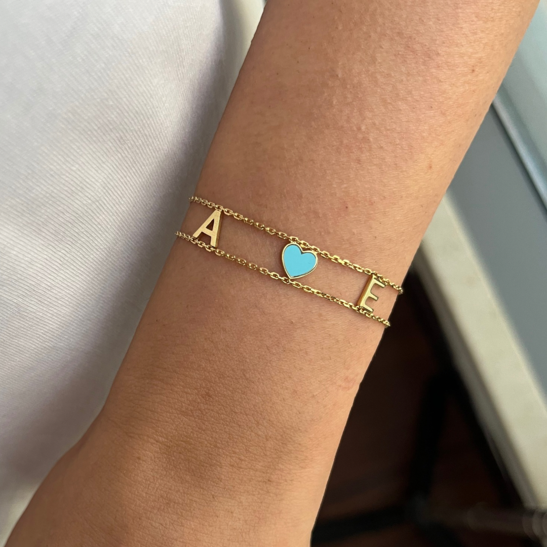 Custom Initial & Enamel Heart Double Chain Bracelet