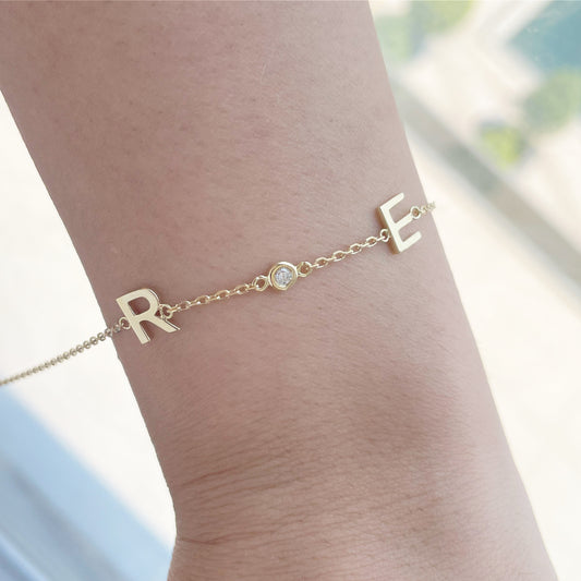 Two Solid Gold Initials and Diamond Bezel Bracelet