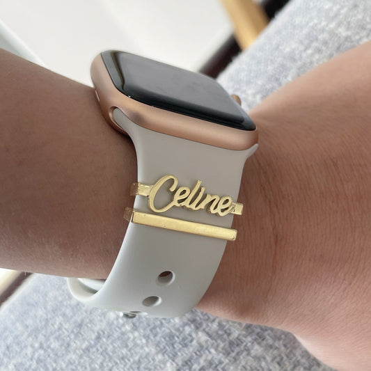 personalised solid 18k gold name charm for smart watch. watch charm stack