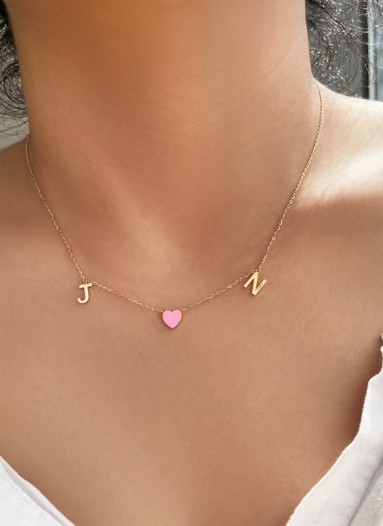 Two Gold Initials & One Enamel Heart Necklace