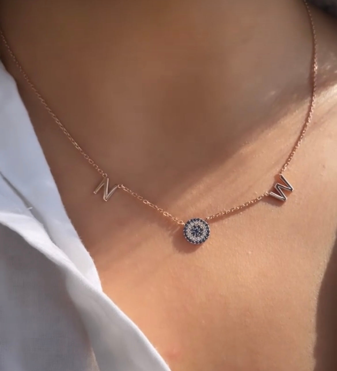 Initials and Sapphire and Diamond Evil Eye Necklace