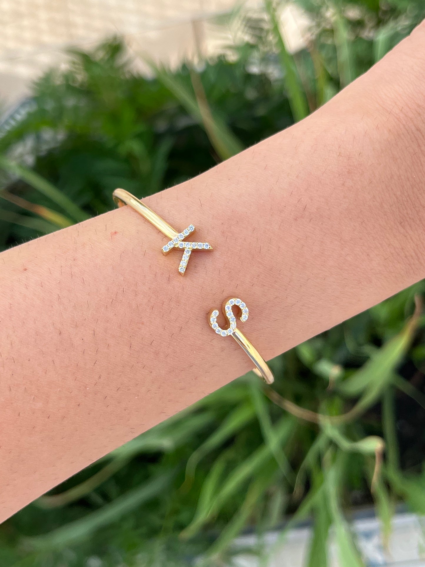 Two Diamond Initial Cuff Bangle