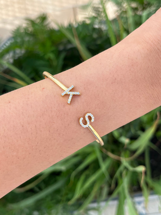 Two Diamond Initial Cuff Bangle