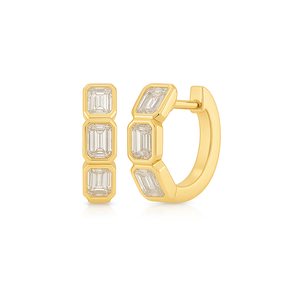 Bezel Set Emerald Cut Diamond Huggies