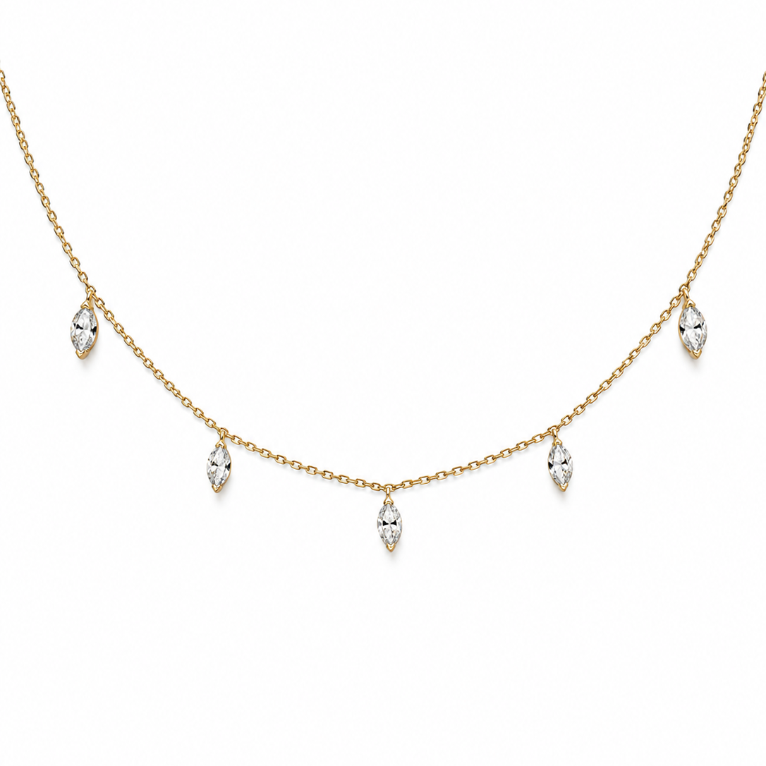 
18K yellow gold station necklace with five 6×3 mm marquise-cut lab-grown diamonds.