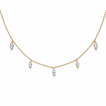
18K yellow gold station necklace with five 6×3 mm marquise-cut lab-grown diamonds.