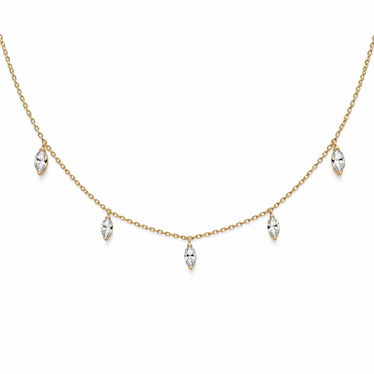 
18K yellow gold station necklace with five 6×3 mm marquise-cut lab-grown diamonds.