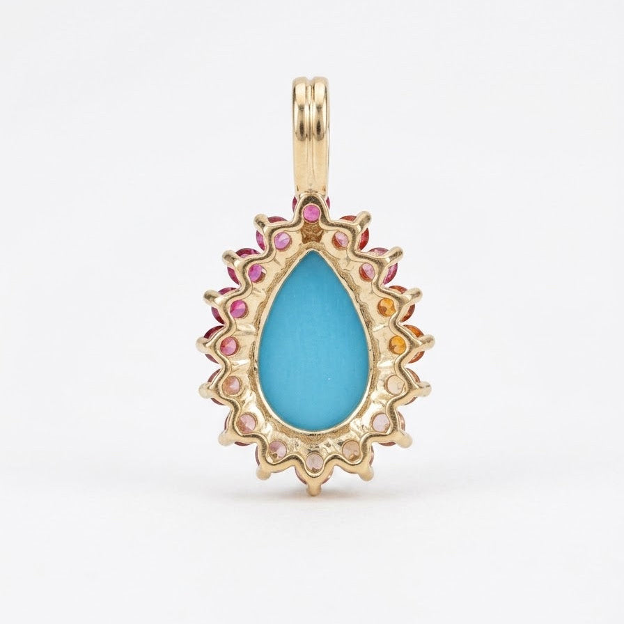 Pear Turquoise Pendant with Rainbow Sapphire Halo