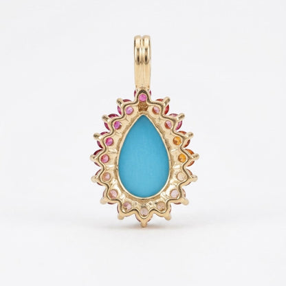 Pear Turquoise Pendant with Rainbow Sapphire Halo