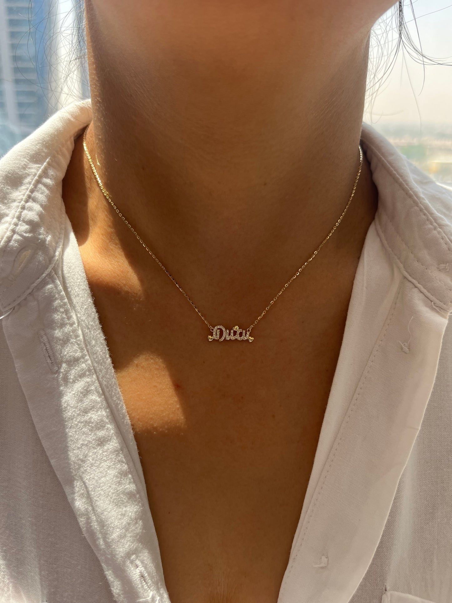 Diamond Name Necklace with Puffy Hearts