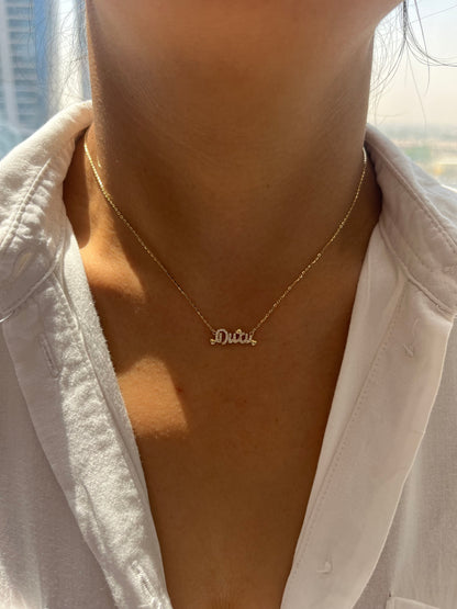 Diamond Name Necklace with Puffy Hearts