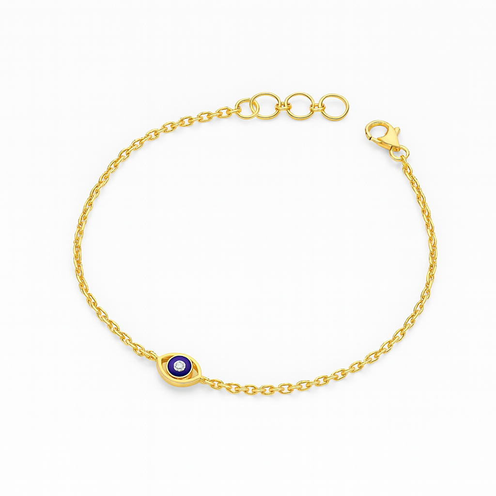 Baby bracelet with an 18K gold enamel evil eye centre.