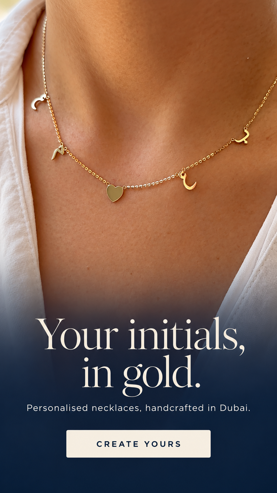 Personalised gold initial necklace with Arabic letters and a heart charm – Your initials, in gold