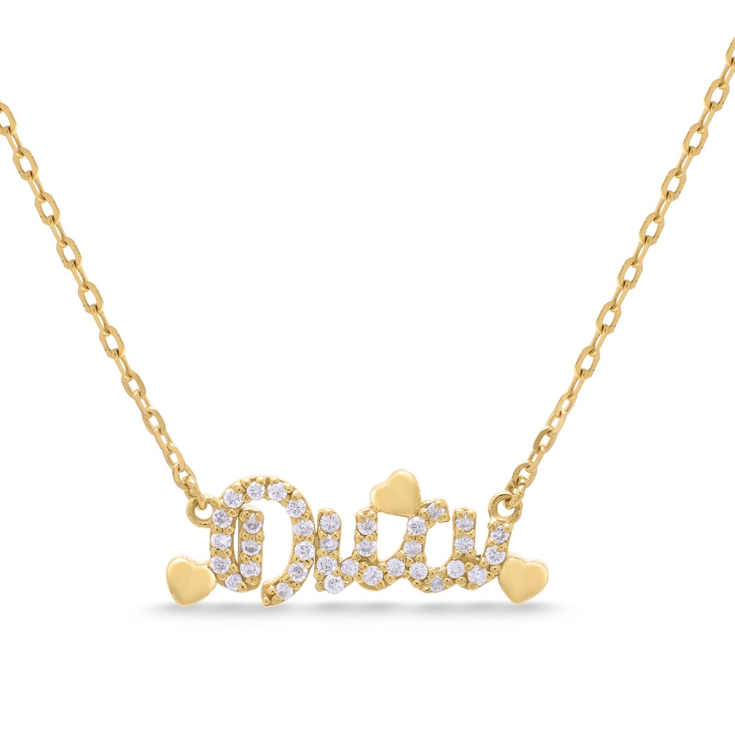 Diamond Name Necklace with Puffy Hearts