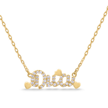 Diamond Name Necklace with Puffy Hearts
