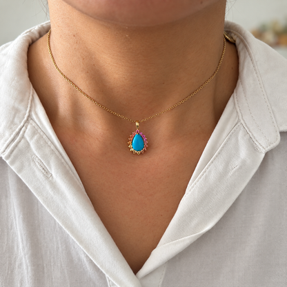 Pear Turquoise Pendant with Rainbow Sapphire Halo