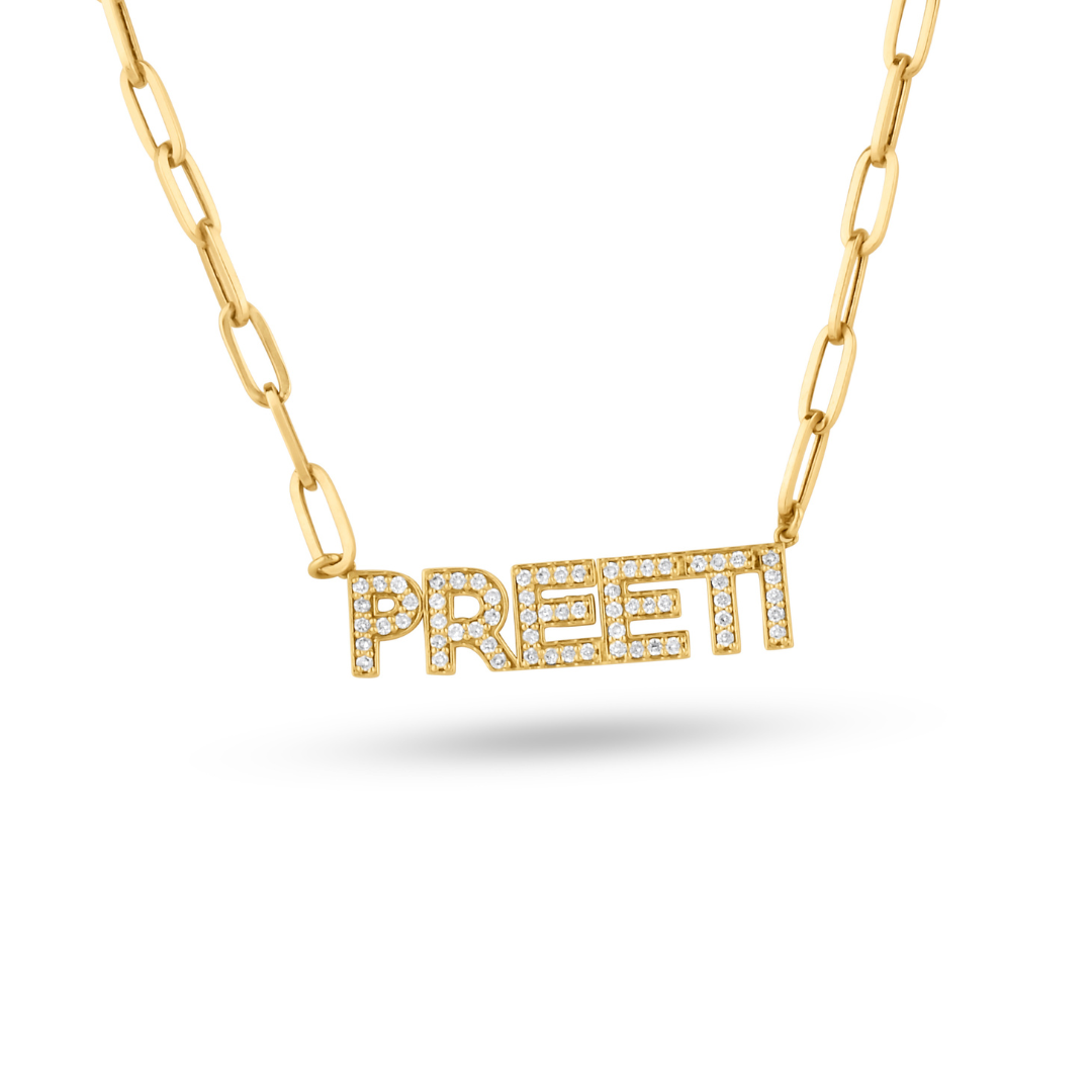 Diamond Name Necklace On a Paperclip Chain