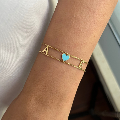 Custom Initial & Enamel Heart Double Chain Bracelet