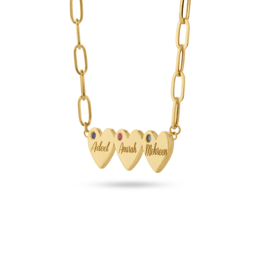 Multi Hearts & Birthstone Paperclip Chain Necklace