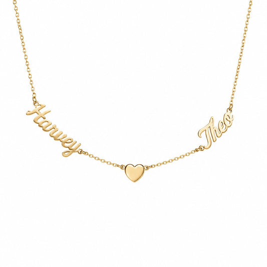2 name necklace in 18k gold with a heart