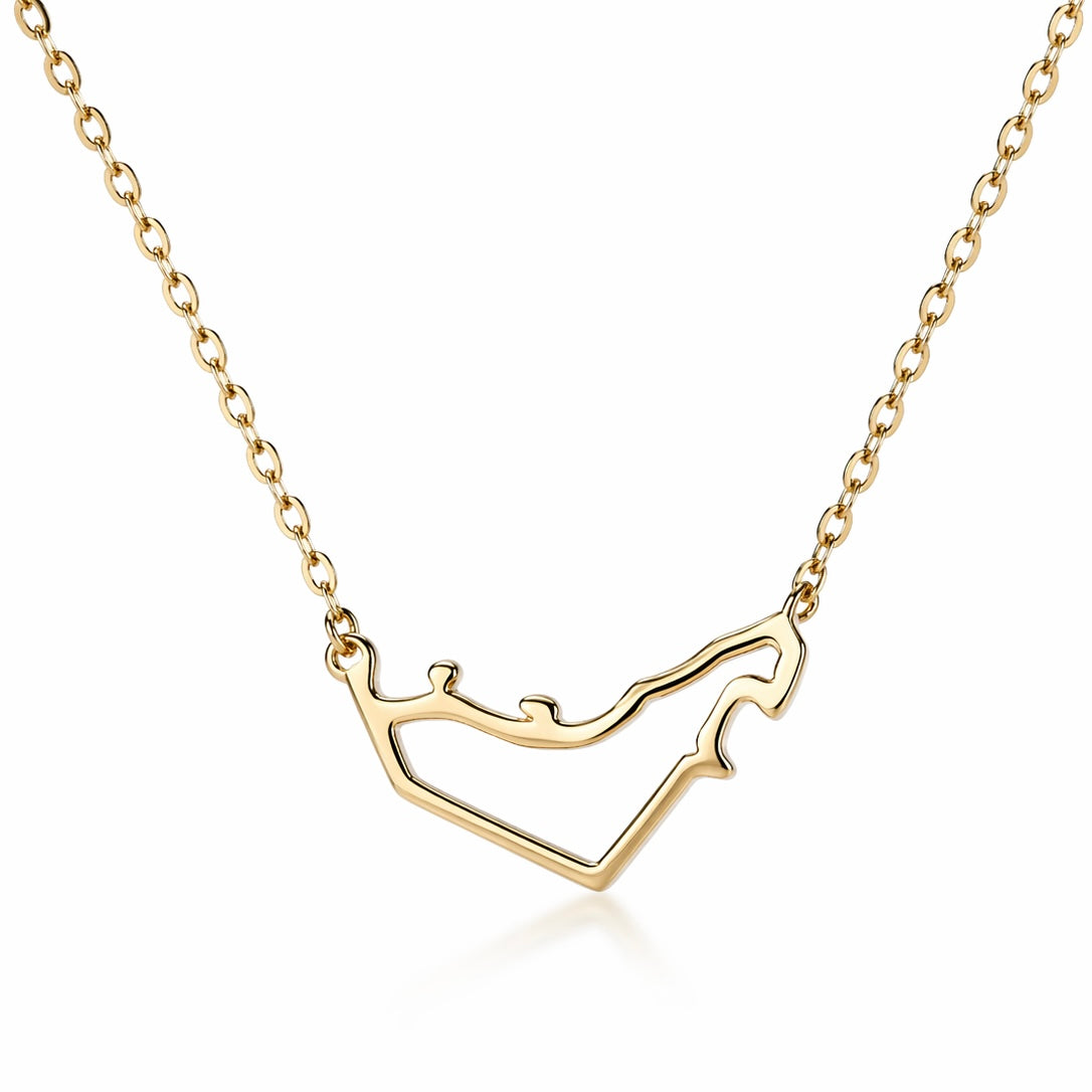 Uae map necklace in 18k gold with enamel border in flag colours 