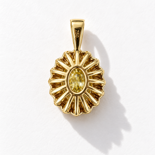 Marigold yellow diamond halo charm showing the open back gallery and 750 hallmark
