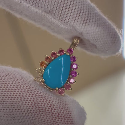 Pear Turquoise Pendant with Rainbow Sapphire Halo