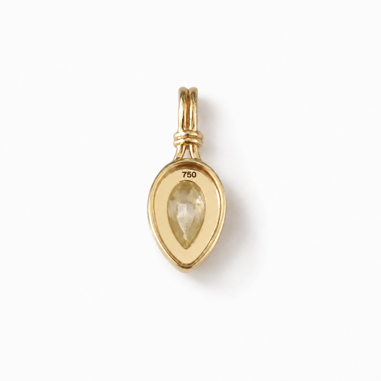 Back of Sundrop charm showing the pear-shaped opening and 750 gold hallmark.
