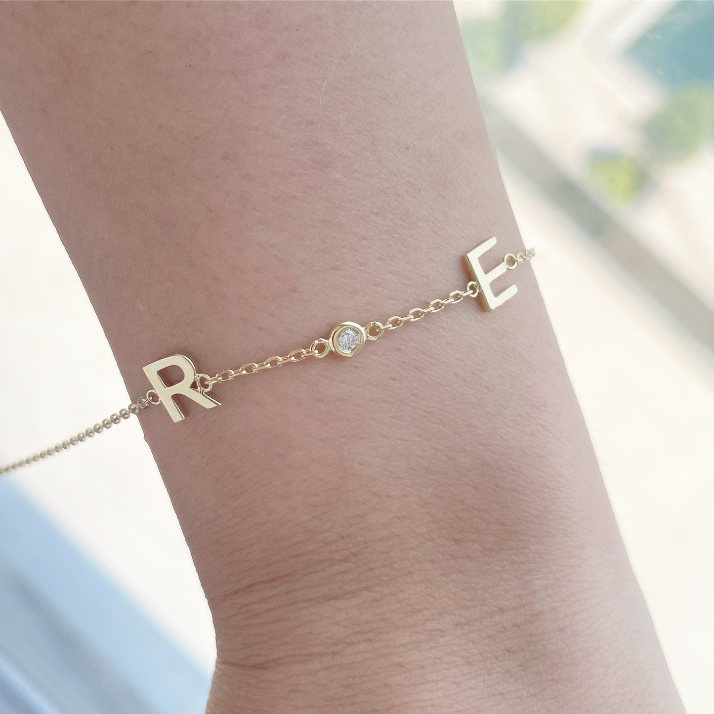 Two Solid Gold Initials and Diamond Bezel Bracelet