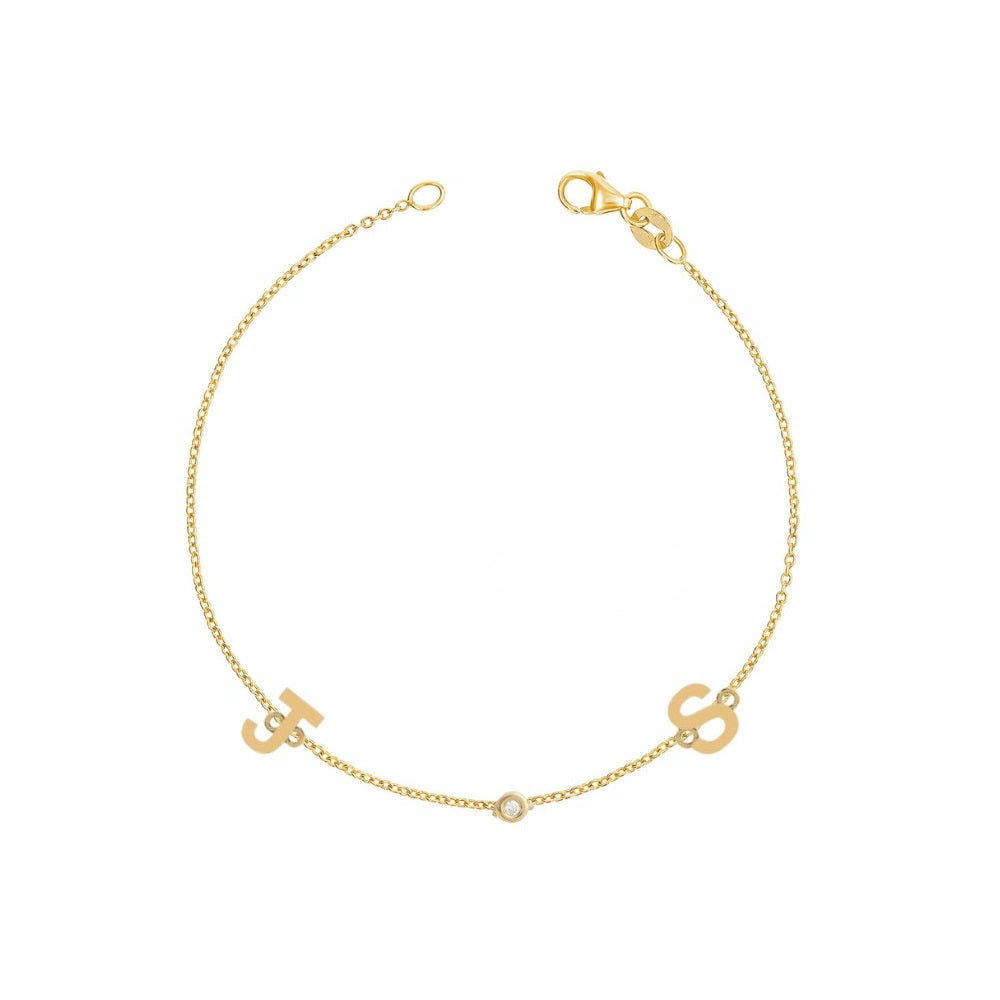 Two Solid Gold Initials and Diamond Bezel Bracelet