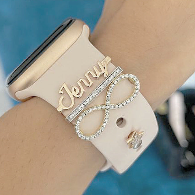 gold name charm for apple watch. personalised watch charm. diamond infinity charm for apple watch. charm for smart watch