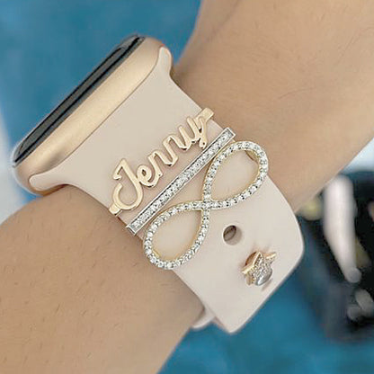 gold name charm for apple watch. personalised watch charm. diamond infinity charm for apple watch. charm for smart watch