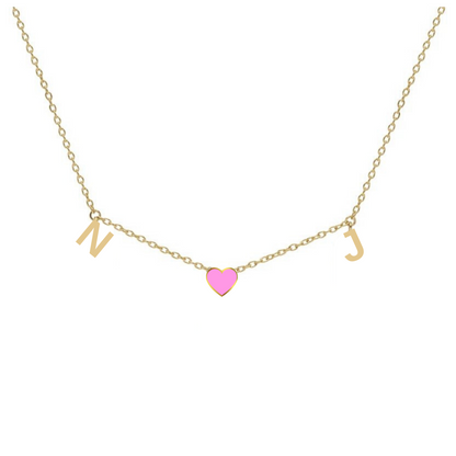 Two Gold Initials & One Enamel Heart Necklace