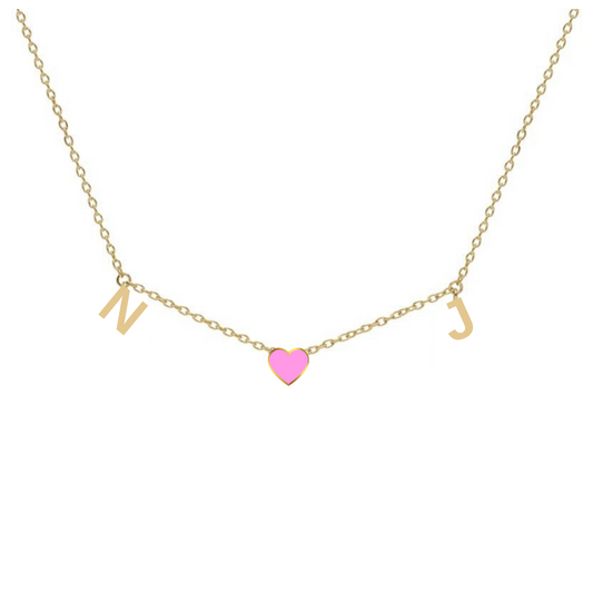 Two Gold Initials & One Enamel Heart Necklace