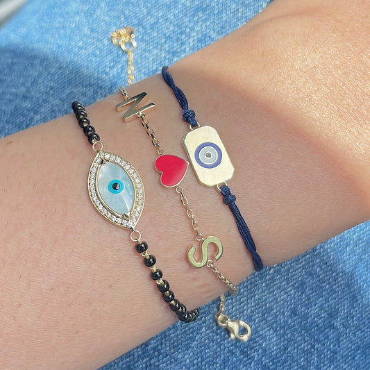 Solid Gold Initial and Enamel Heart Bracelet