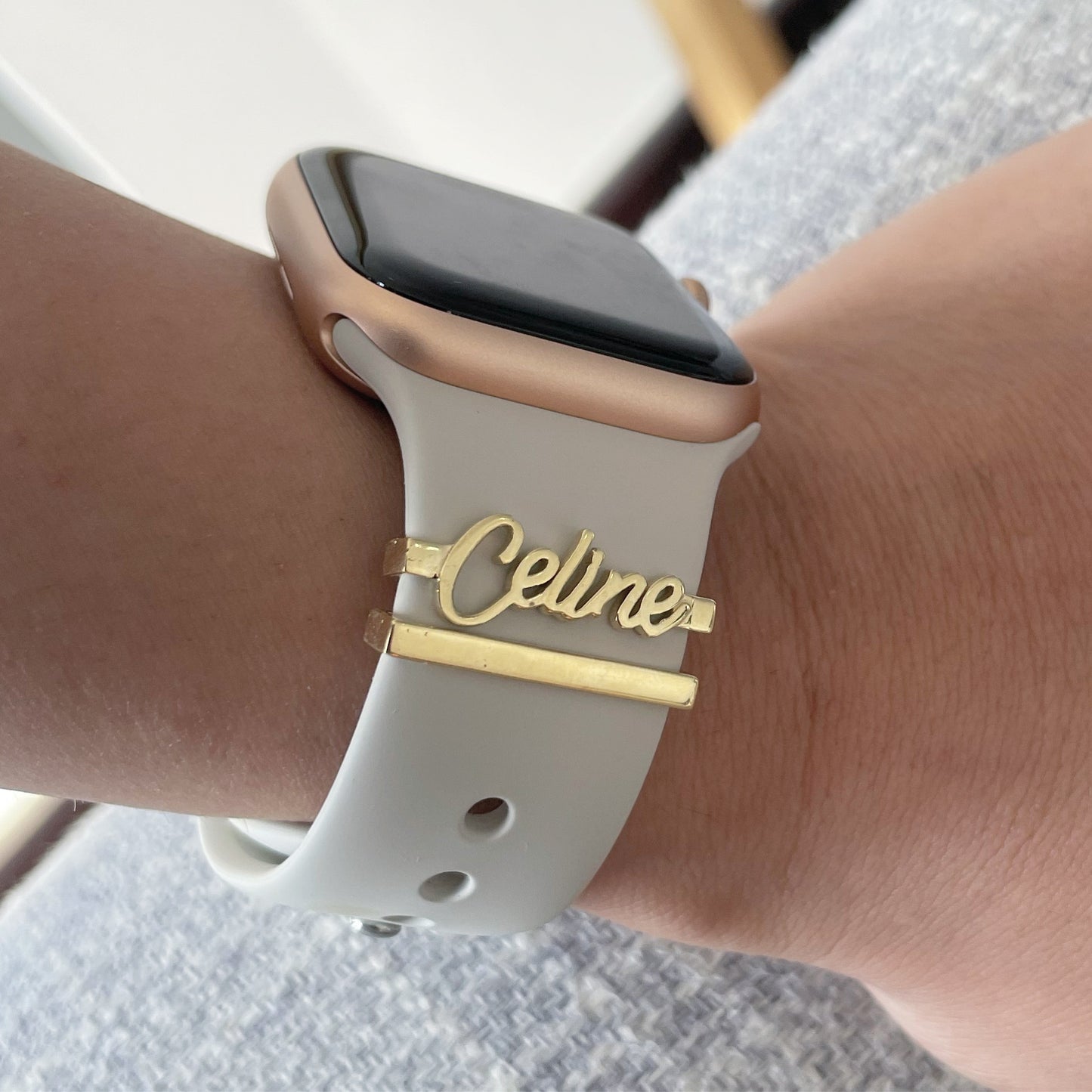 personalised solid 18k gold name charm for smart watch. watch charm stack