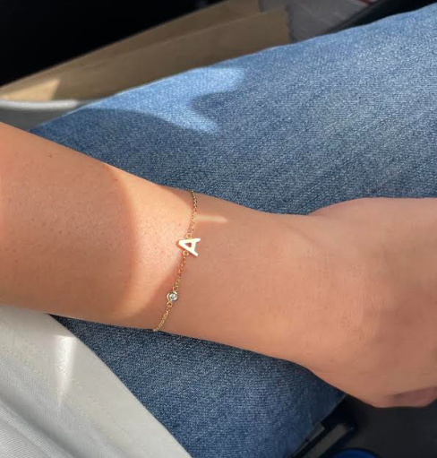 Solid Gold Initial and Gemstone Bezel Bracelet