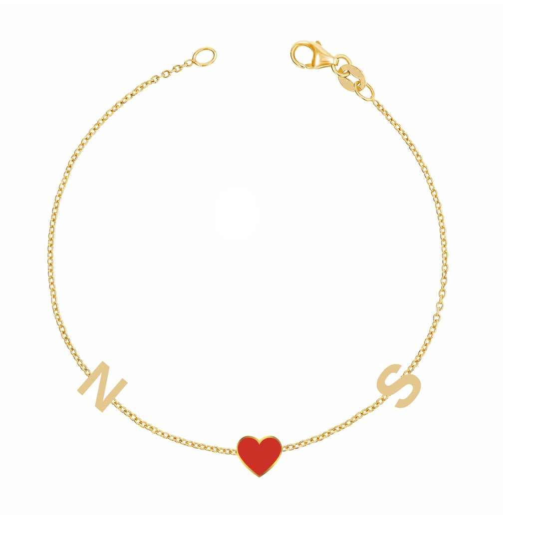 Solid Gold Initial and Enamel Heart Bracelet